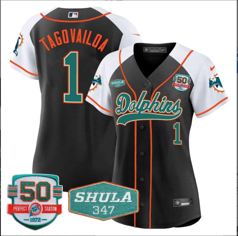 Women Miami Dolphins #1 Tagovailoa 50th Don Shula 347 Memorial Patch 2024 NFL Nike black jerseys